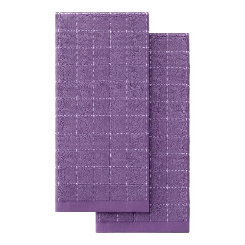 Homaxy 100% Cotton Terry Kitchen Towels(Purple 13 x 28 inches) Checkered Designed Soft and Super Absorbent Dish Towels 2 Pack