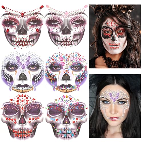 HOWAF 6 peças pedras faciais autocolantes rosto Halloween, brilhantes para o rosto esqueleto autocolantes rosto brilhantes festival dia dos mortos tatuagens Halloween brilho maquilhagem disfarce