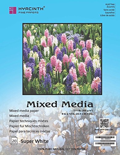Hyacinth 20 Sheets Mixed Media 100% Cotton Card Stock, 300 g, 9" L x 12" W, Super White