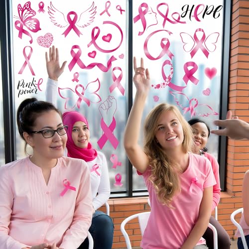 Image of 9 Sheets Breast Cancer Awareness Window Clings, 79 Kinds of Pink Window PVC Stickers for Pink Ribbon Decorations, Hope Fight Cancer Theme Windows Decals for Glass Home Decor Supplies