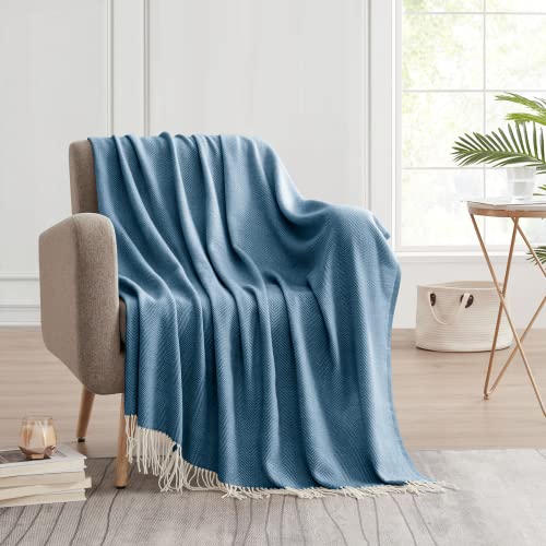 Bourina BORI-KNITTEDTHROW-RZW-NAVY Decorative Herringbone Faux Cashmere Fringe Throw Blanket Lightweight Soft Cozy For Bed Or Sofa Farmhouse Outdoor Throw Blankets thumb #3