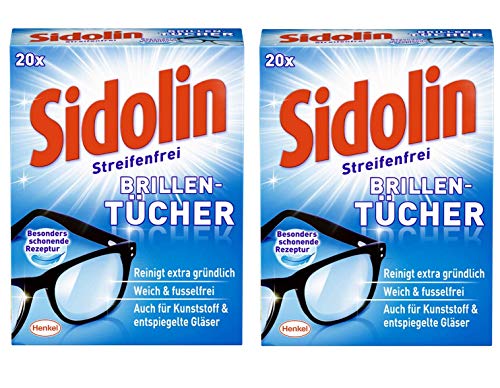 Sidolin Brillenputztücher, 2er Pack (2 x 20 Stück) feuchte Reinigungstücher für Brillen, Displays, Bildschirme