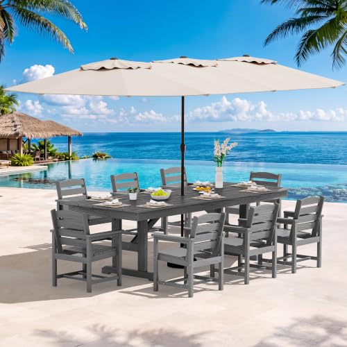 Image of SERWALL 10 Piece 84 inch HDPE Outdoor Dining Set for 8 with 15ft Double-Sided Umbrella, Gray
