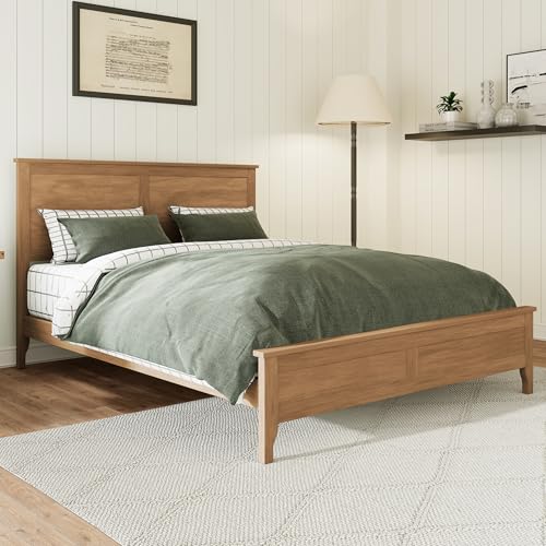 Image of Harper & Bright Designs Modern Farmhouse Platform Queen Bed Frame, Solid Wood Platform Bed Frame with Headboard, Sturdy Wooden Foundation with Wood Slats for Living Room, Seadrift