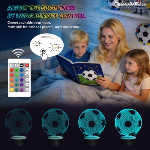 Image of FULLOSUN Kids Night Light Soccer 3D Optical Illusion Lamp with Remote Control 16 Colors Changing Football Birthday Xmas Valentine's Day Gift Idea for Sport Fan Boys Girls