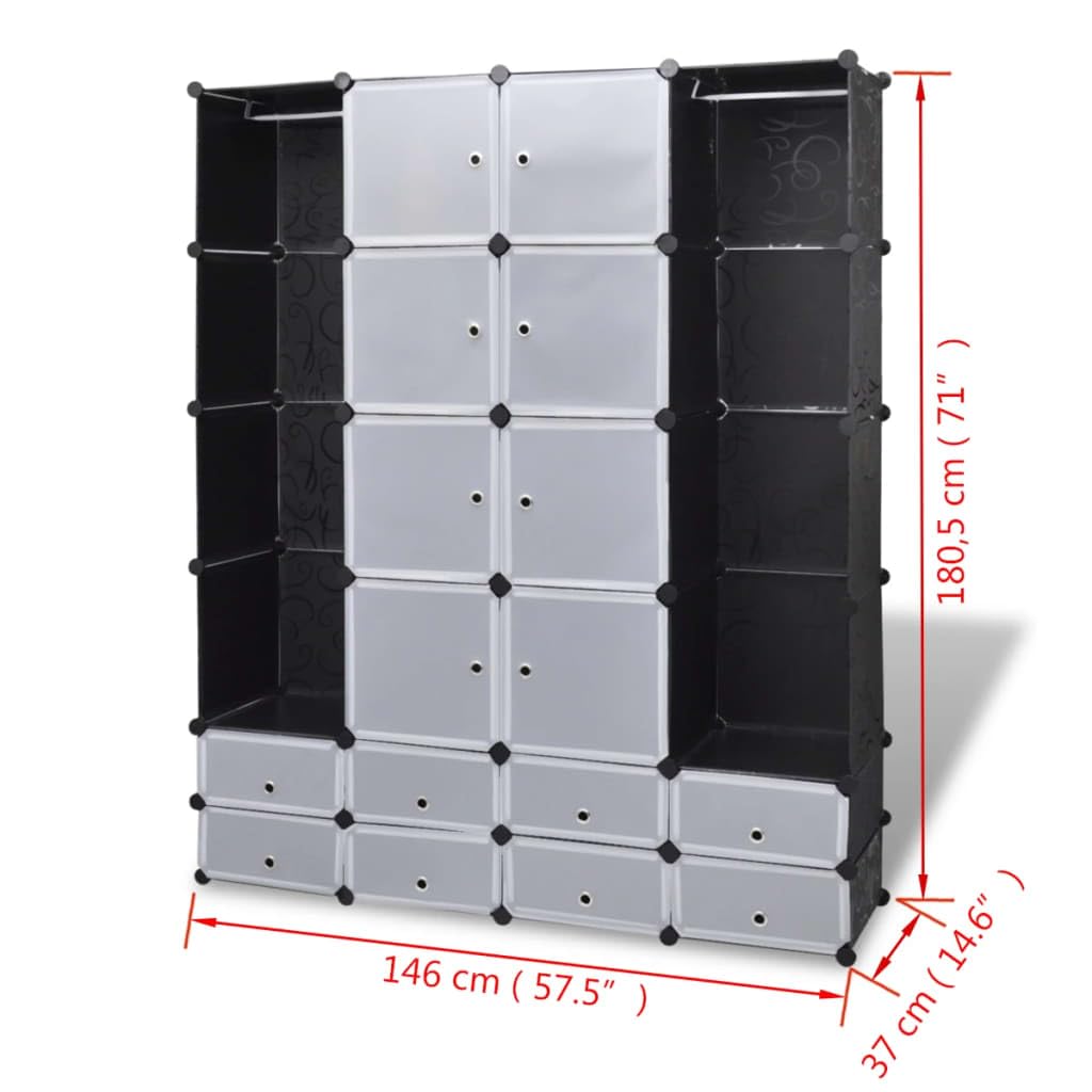 Genérico Armario Modular 18 Compartimentos Negro y 37x146x180,5cm,Mobiliario,Armarios y Almacenamiento,Armarios roperos,Negro,14.95 kg,240501