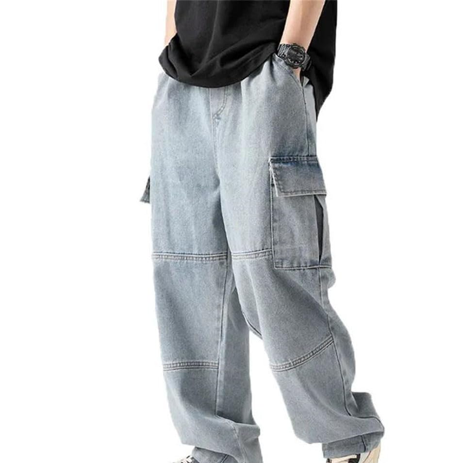 Men’S Loose Fit Straight Leg Workwear Jeans with Drawstring Mid Waist Casual Multi-Pocket Pants2