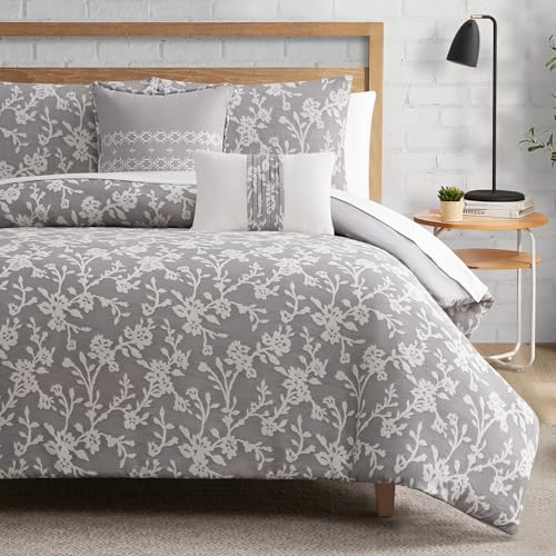 Lucky Brand Fiora Floral Grey Comforter Set with Pillows - Full/Queen Size - 5 Piece Luxurious Bedding Ensemble