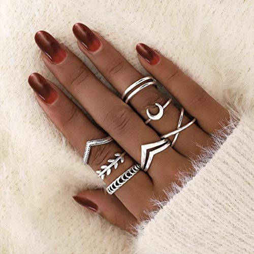 Evazen Boho Leaf Moon Knuckle Rings Vintage Silver Joint Knuckle Mid Ring Set with Crescent for Women and Girls (Set A)