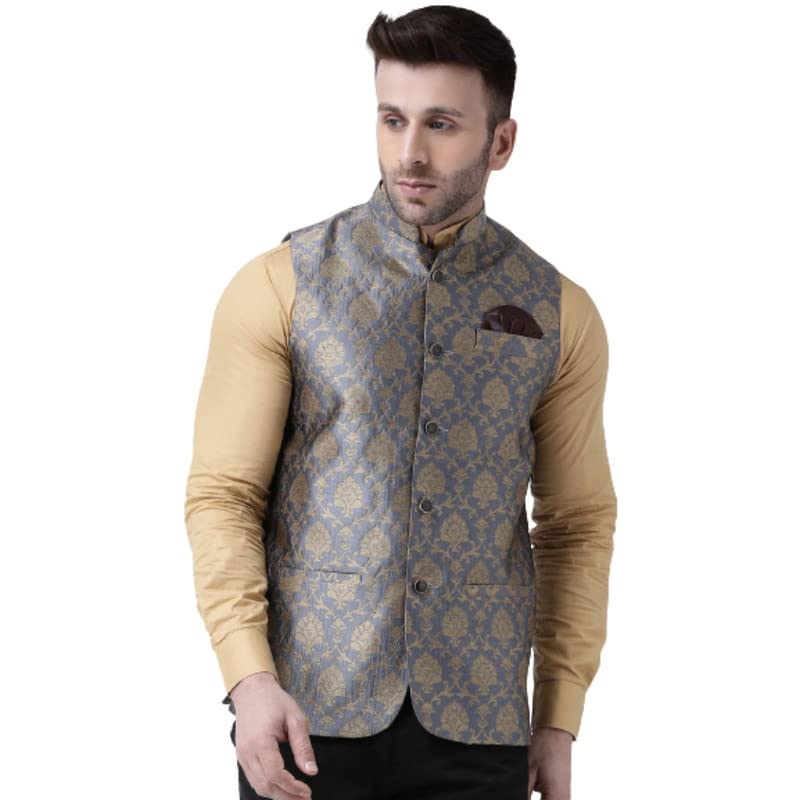 hangupMen's Printed Cotton Nehru Jacket/waist coat, color Grey. Size 38 (134AJacquardNehru)