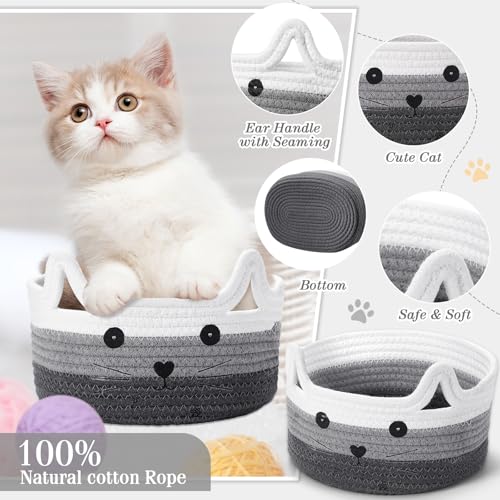 Image of Zopeal 2 Pack Small Cat Woven Basket with Gift Bag and Ribbon, Empty Decorative Gift Basket, Toy Cotton Rope Storage Organizer for Nursery Baby Shower Birthday 8.3 x 4.7 Inch(Mix Gray)