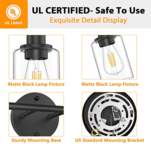 Licperron 2-Light Bathroom Vanity Light Fixtures, Modern Black Bathroom Vanity Lights Over Mirror With Clear Glass Shade, Industrial Wall Mounted Sconces Lighting For Bedroom Hallway #TOP1