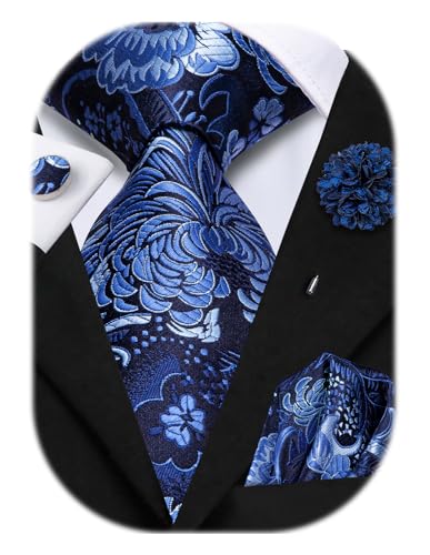 Image of Hi-Tie Men's Tie Lapel Pin Set Pocket Square Cufflinks Formal Woven Silk Tie Sets Wedding Party