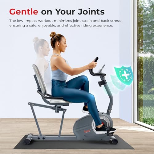Image of Sunny Health & Fitness Smart Magnetic Recumbent Bike, Easy-Access Home Cardio Trainer with Built-In Pulse Sensors, Cushion-Comfort Cycling Exerciser Plus Free SunnyFit App Connection