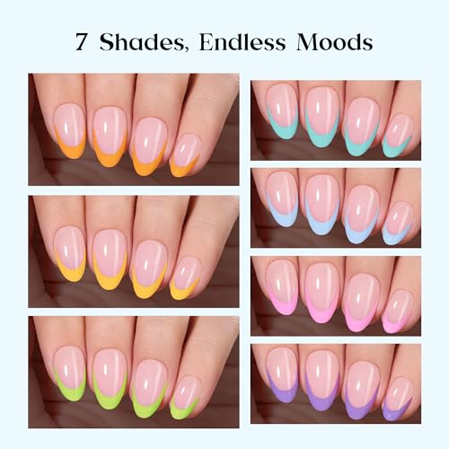 Image of Beetles Summer Press On Nails 224 Pcs 7 Colors, French Tip Nails Short Almond Classic Fake Nail Tips, Rainbow Soft Nail Gel False Nails Art DIY for Women