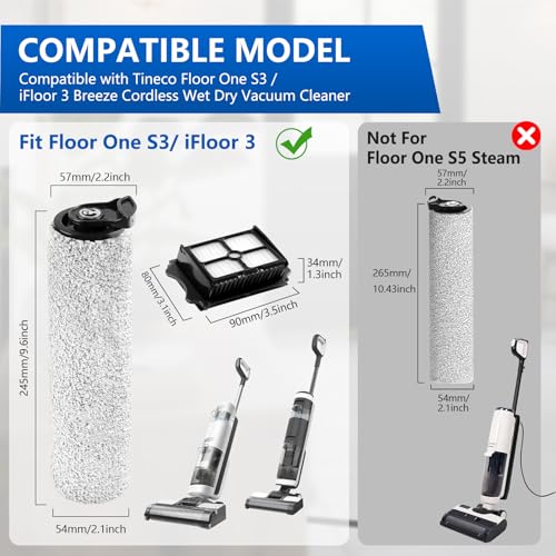 Image of keluke Roller Brush and Filter Replacement Compatible with Tineco iFloor 3 / Floor One S3 Cordless Vacuum Cleaner, Replacement Parts Include 3 Brush Rollers, 3 Filters
