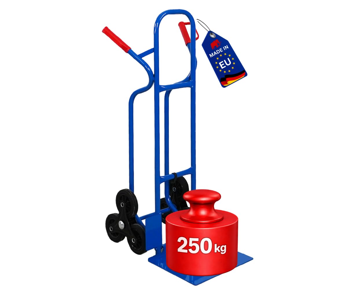 PROREGAL Treppensteiger Ragnar mit XXL klappbarer Schaufel | HxBxT 117x60x60cm | Tragkraft 250kg | 3 Hartgummi-Reifen | Stahlrahmen | Blau | Transportkarre Staplerkarre klappbar