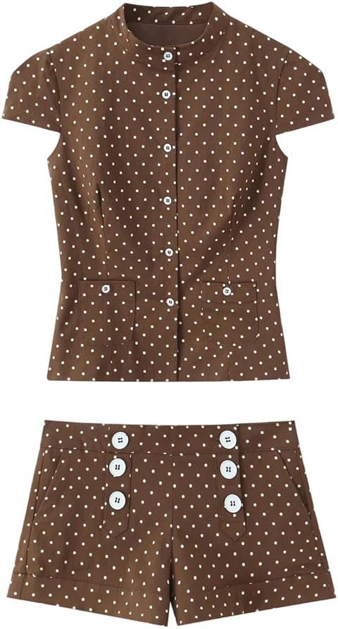 Women's Summer Shorts Set Polka Dot Poplin Single-Breasted Top Mid-Waist Casual Shorts