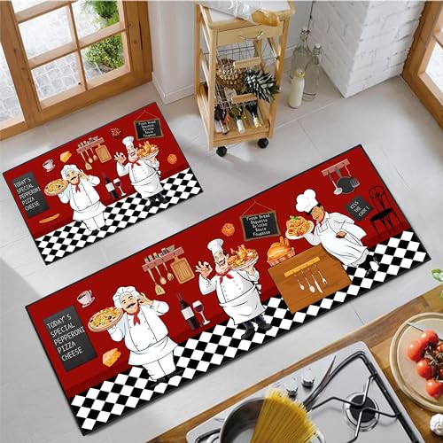 JWXCBIM Fat Chef Kitchen Rug 2 Piece Set, Farmhouse Style Decor Kitchen Floor Mat, Absorbent and Washable Runner Rug, Home Vintage Kitchen Decoration 17x30+17x47 Inches