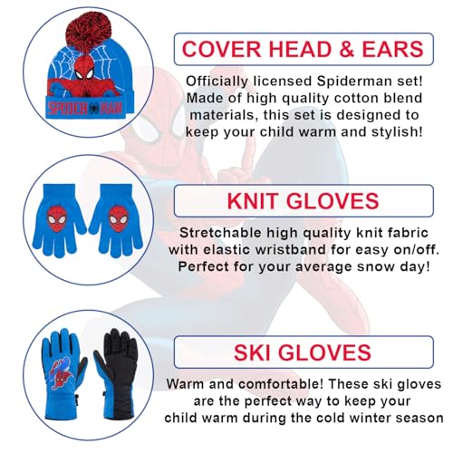 Image of Marvel Spider-Man Kid's Winter Hat and Snow Gloves for Boys and Toddlers, 2 Pc. Set, Pom-Pom Beanie with Warm Mittens