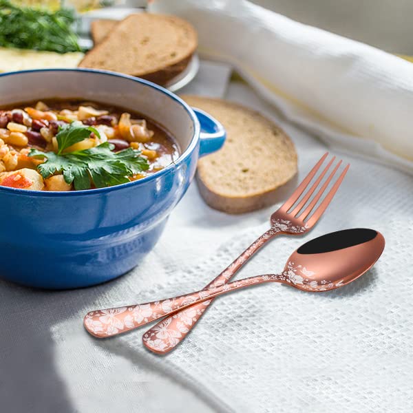 Stapava 48-Piece Copper Silverware Set with Steak Knives for 8, Stainless Steel Rose Gold Flatware Cutlery Set, Mirror Eating Utensils Tableware with Butterfly Flower Laser, Dishwasher Safe