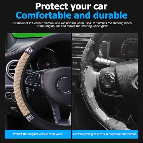 Image of Osilly Bling Car Steering Wheel Cover, 15 Inch Rhinestones Soft Leather Elastic Steering Wheel Protector, Sparkly Crystal Diamond for Women Girls (Beige)