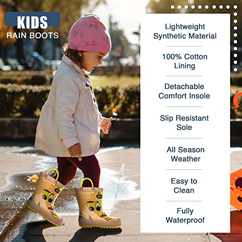 NORTY Rubber Rain Boots for Kids - Waterproof Rubber Boots Boys and Girls Solid & Printed Rainboots for Toddlers and Kids - Construction Dump Trucks