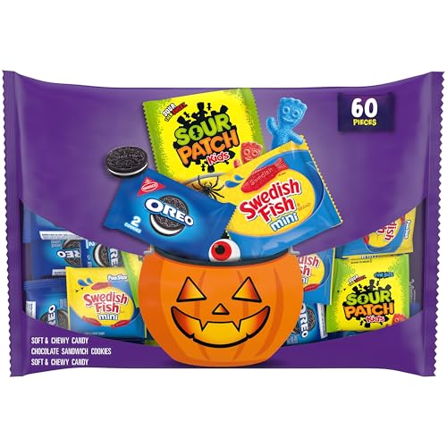 SOUR PATCH KIDS and SWEDISH FISH Mini Soft & Chewy Candy and OREO Chocolate Sandwich Cookies, Halloween Candy and Cookie Variety Pack, Bulk Candy, 60 Trick or Treat Bags