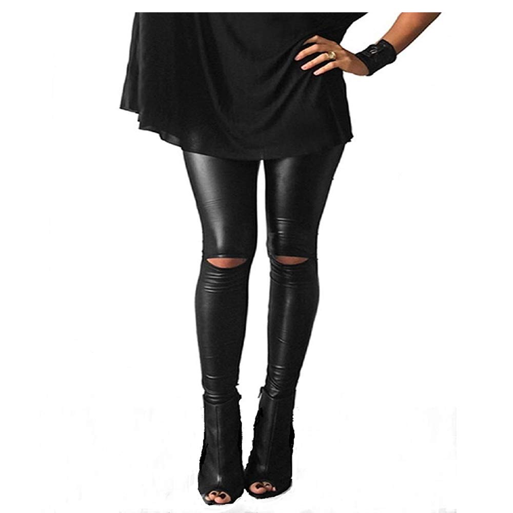 Women fashion Knee Cut Ripped Hole High Waist Skinny Leather Leggings Pants women Skinny trousers female Fitness Skinny (Black)-image-2