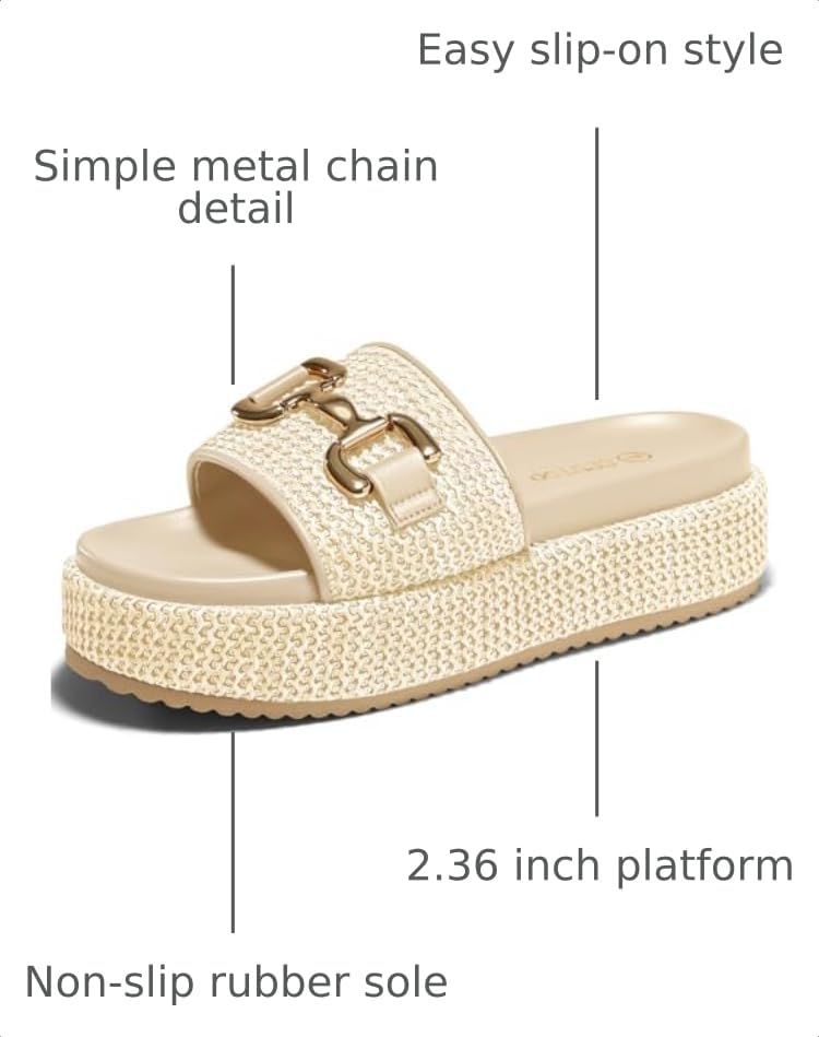 Image of Coutgo Womens Platform Sandals Raffia Espadrilles Metal Chain Slip on Open Toe Cute Beach Slide Sandals