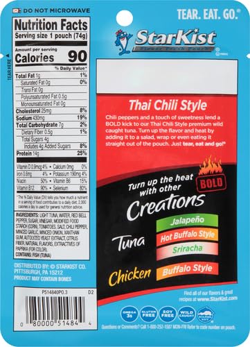 Image of StarKist Tuna Creations BOLD Thai Chili Style Pouch (2.6 oz - 2 Pack) Wild Caught, High Protein Shelf Stable Seafood, Gluten Free, Soy Free, No Draining, Ready to Eat for Salads and Sandwiches