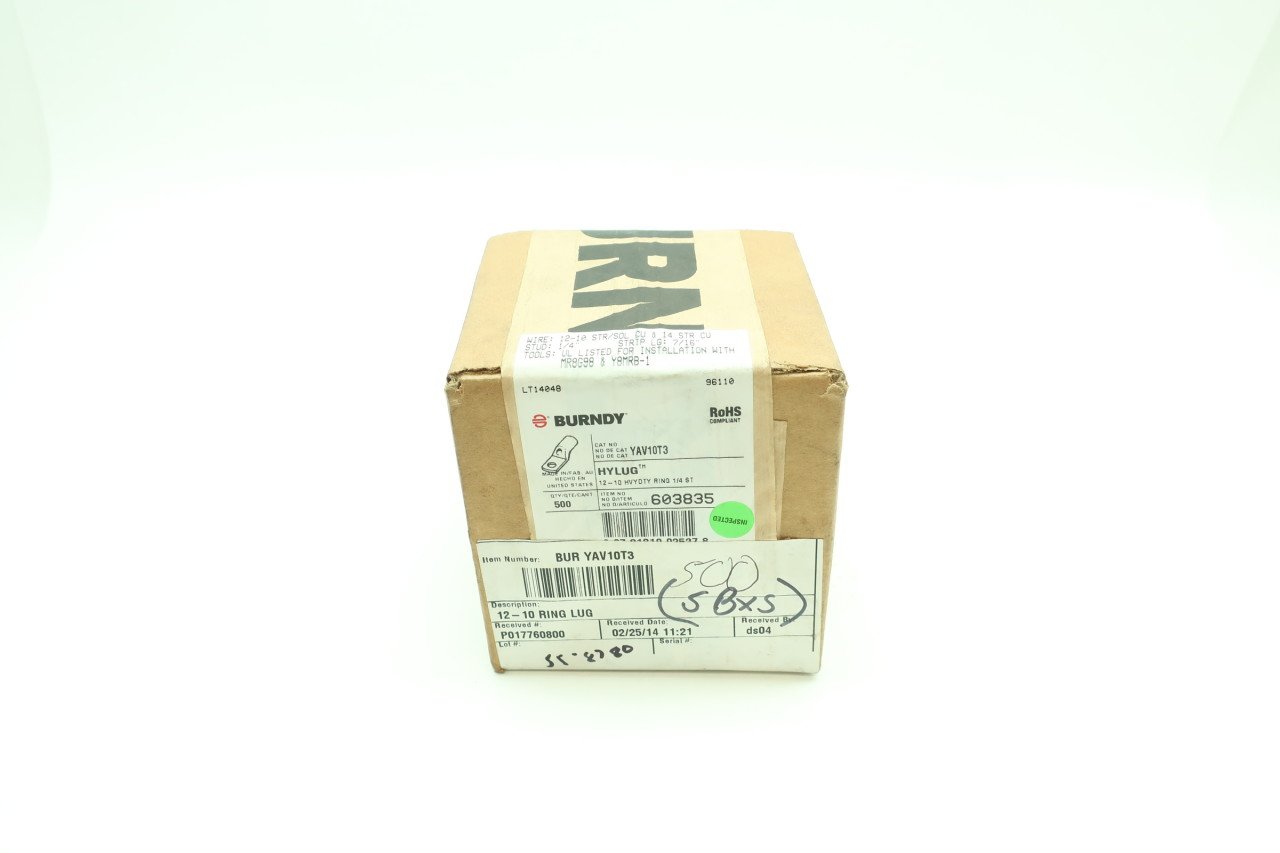 Box of 500 New BURNDY YAV10T3 HYLUG 12-10 Heavy Duty Ring Terminal D608194