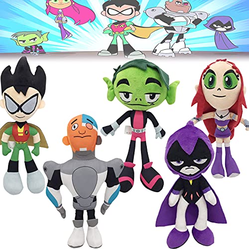 WZH Teen Titans Go Toys Plush, 9.8'' Cute Anime Figures Cartoon Plush Robin, Crow, Beast Boy, Cyborg, Starfire Plush Set Gifts for Fans (5PCS)