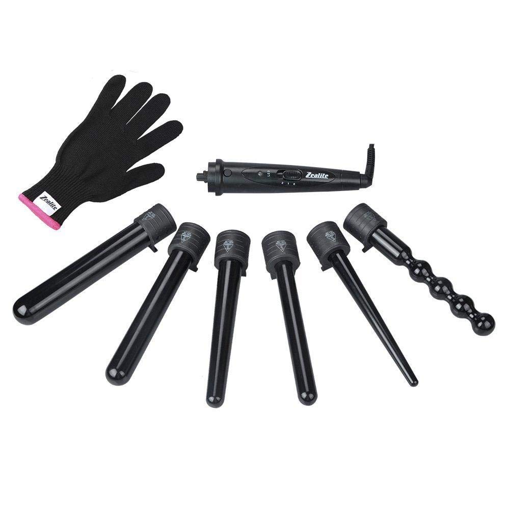Hair Curler Curling Iron Set, 6 in 1 Professional Curling Wand Set With 6 Interchangeable Hair Wand Curling Iron Ceramic Barrels and a Heat Protective Glove – Black