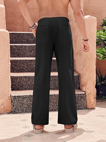 PASLTER Mens Cotton Linen Pants Casual Drawstring Elastic Waist Loose Fit Beach Yoga Pants with Pockets3
