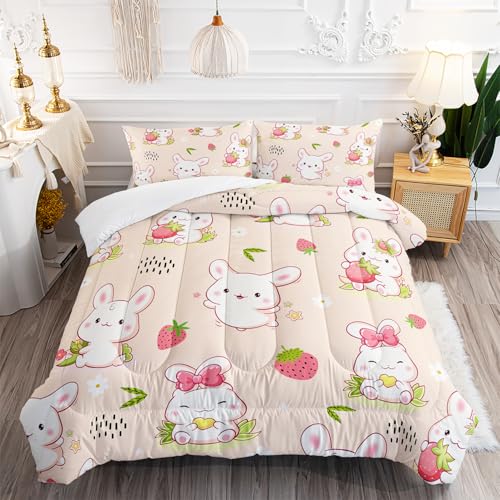 XYNHML Kawaii White Rabbit Comforter 3Pcs Full Cartoon Pet Strawberry Bunny Floral Bedding Set for Kid Teen Boy Girl Adult Wildlife Animal Botanical Quilt Bed Decor with 1 Comforter and 2 Pillowcases