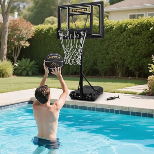Clupways Pool Basketball Hoop Poolside Height Adjustable Portable Basketball Hoop for Pool with Shatterproof Backboard and Weather-Resistant Steel Screws/Brackets, Includes Ball and Air Pump