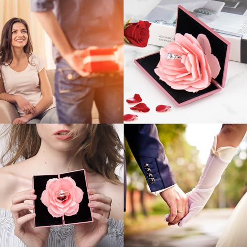 Image of wonuu Engagement Ring Box,Ring Rose Box Surprise Jewelry Storage Holder for Woman as Proposal Engagement Wedding Ring Jewelry Gift Case in Valentine's Day ect. (Rhombus Shaped-Pink)