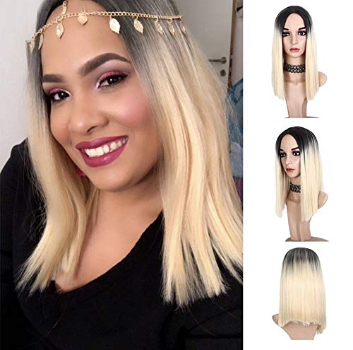 Ombre Wig Shoulder Length Straight Bob Wigs Middle Part Synthetic Wigs Heat Resistant Fiber Full Daily Party Wigs for Women (Ombre Blonde)
