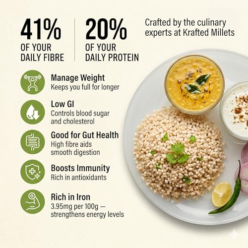 Image of Krafted Millets Steamed Jowar Rice (Sorghum) - 3x Fiber, 2x Protein vs Rice | Gluten-Free, Low GI, Diabetic & PCOS Friendly | Iron-Millet | Cooks Like in 15 Min | Jowari / Jonna / Jola / Cholam (Pack of 1 x 380g)