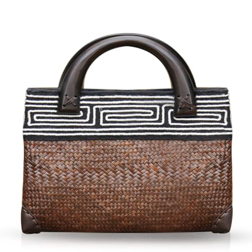 Bolsa de playa de paja para mujer con asa redonda de madera miniatura 1