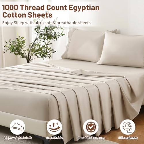 MEISHANG 1000 Thread Count Egyptian Cotton Sheets California King - 100% Egyptian Cotton Sheet Set, Sateen Weave, Soft & Breathable, 16" Deep Pockets - 4 Piece (Cal King, Linen)