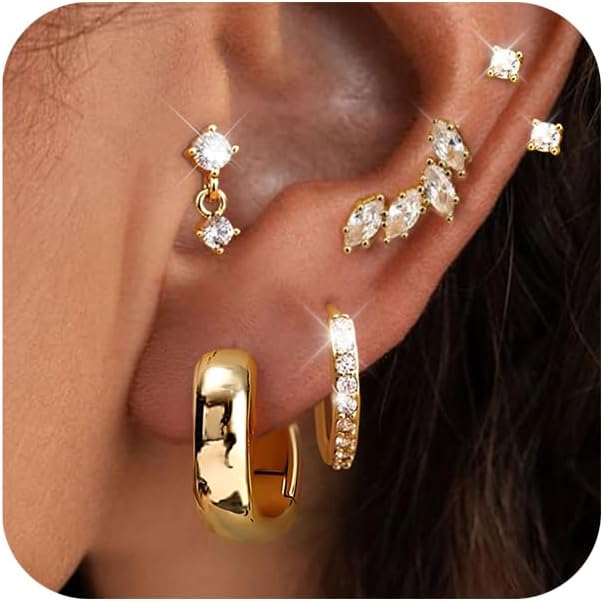 Earring Sets for Multiple Piercing Small Chunky Hoop Earrings Stack Hypoallergenic Cartilage Stud 14K Gold Silver Plated Thick U Huggie Hoops for Women