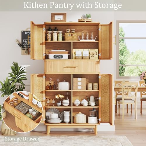 Image of HUAHUU 71 inch Pantry Cabinet with Drawer, Kitchen Pantry Storage Cabinet with 4 Doors, Modern Curved Storage Cabinets with 10 Large Storage Spaces for Dining Room, Living Room, Oak