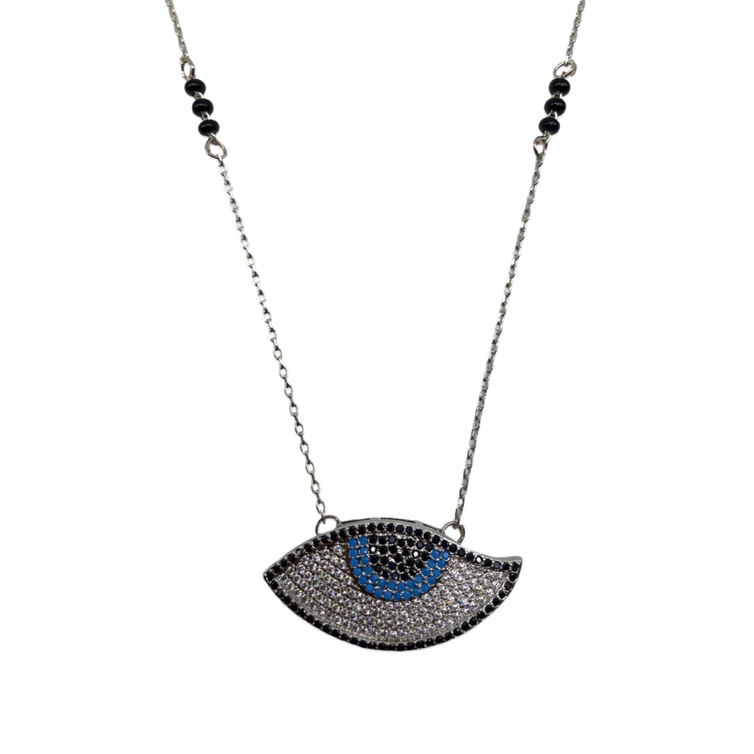 digital dress room American Diamond Evil Eye Pendant Short Mangalsutra Designs Black Beads Single Line Silver Plated Chain Stylish New Necklace Fancy Modern Mangalsutra Tanmaniya Designs For Women (18 Inches)-picture-10