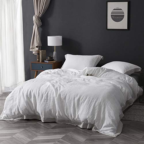 Simple&Opulence 100% Linen Duvet Cover Set,3 Pcs Full Size 78''x 86'' Farmhouse Bedding Hemstitch Border,1 Comforter Cover 2 Pillowshams, Stone Washed Ultra Soft Natural Flax, White and Grey Border