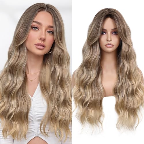 Perruque synthétique longue ondulée anti-reflets artificiels WIGNEE blond