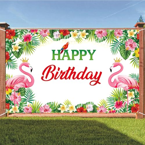 Flamingo Birthday Backdrop, Tropical Floral Flamingo Birthday Banner for Flamingo Party Decorations, Luau Bday Backdrop for Hawaiian Party Decorations, 71x43 inch (White) - image 5