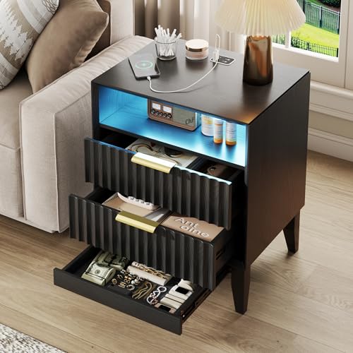 LVSOMT Table de Chevet avec Station de Recharge et éclairage LED, Noir