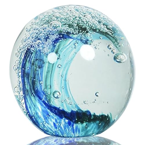 JUYOULE Hand Blown Ocean Wave Glass Ball ：Unique Gift for Beach Lovers，Beach Decorations for Home, Sea Glass Paperweight for Coastal Room Decor, Aquarium & Ocean Themed Decorations